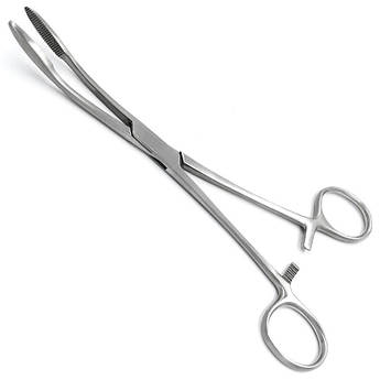 Корнцанг зігнутий, 200 мм Майєра (Gross-Maier), з кремальєрою