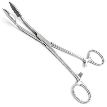 Корнцанг зігнутий, 180 мм Майєра (Gross-Maier), з кремальєрою