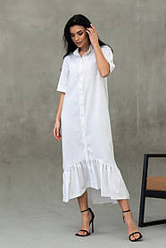 Лляне міді-плаття Лусія з воланом вільного крою з поясом 42-56 розміри різні кольори біле