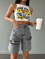 Женские удлиненные серые шорты джинсовые бермуды рваные
