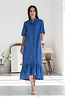 Лляне міді-плаття Лусія з воланом вільного крою з поясом 42-56 розміри різні кольори синє