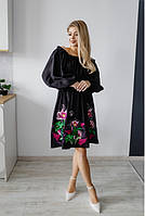Молодіжна чорна вишита сукня, Оригінальна Ексклюзивна вишита жіноча Чорна сукня з довгим рукавом
