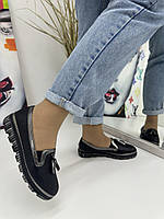 Мокасины женские ArasShoes 304-Siyah-platin кожаные с резинками на подьеме 37