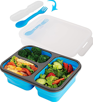 Универсальный складной Ланч Бокс на 3 секции со столовым прибором collapsible silicone lunch box Синий