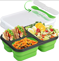 Универсальный складной Ланч Бокс на 3 секции со столовым прибором collapsible silicone lunch box Зеленый