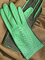 Перчатки женские без подкладки из натуральной кожи ягненка. Цвет салатовый+темно зеленый. Размер 7"/19 см