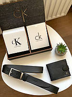Мужской кожаный ремень и кошелек Calvin Klein оригинальный подарочный набор в деревянной коробочке