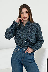 Блуза вільного крою Флорет з французької віскози з квітковим принтом 42-56 розміри різні синій принт