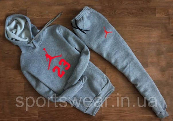 Сірий спортивний костюм Jordan 23 з капюшоном (червоне лого) "" В стилі Jordan ""