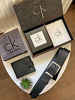 Мужской кожаный ремень и кошелек черный Calvin Klein оригинальный подарочный набор в деревянной коробочке