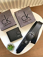 Мужской кожаный ремень и кошелек Calvin Klein черный оригинальный подарочный набор в деревянной коробочке
