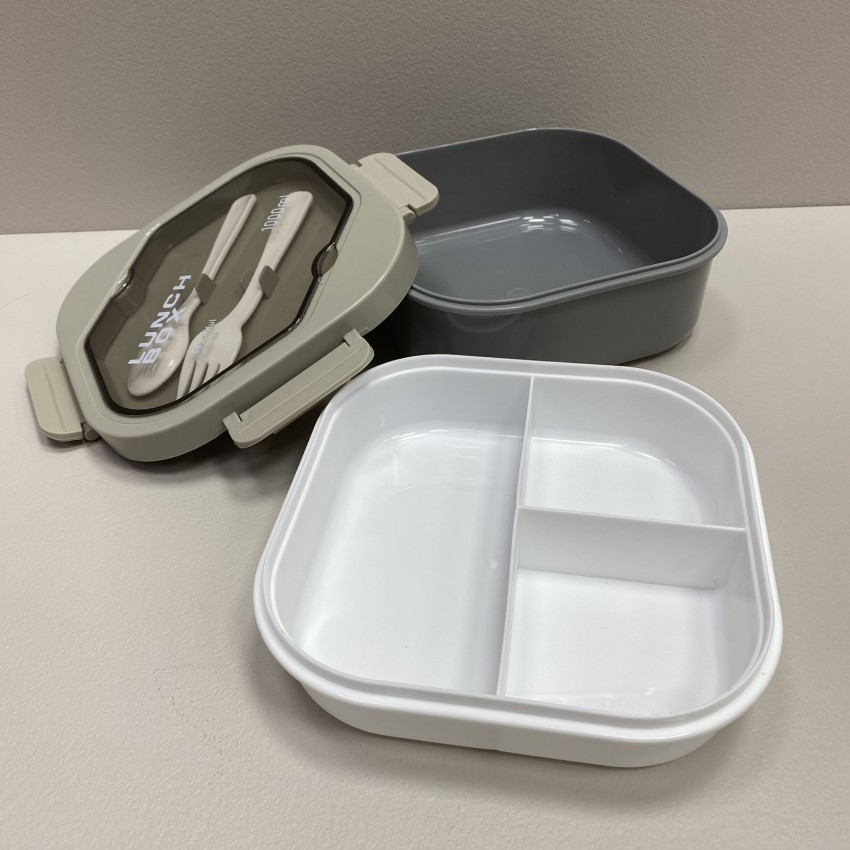 Ланч-бокс пластиковий зі столовими приборами з трьома відділами A-Plus 21013 сірий, фото 1