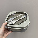 Ланч-бокс пластиковий зі столовими приборами з трьома відділами A-Plus 21013 сірий, фото 2