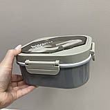 Ланч-бокс пластиковий зі столовими приборами з трьома відділами A-Plus 21013 сірий, фото 3