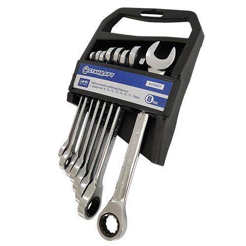 Набір ключів 8-19мм 8шт рожково-накидні комбіновані з тріскачкою NGW8ST