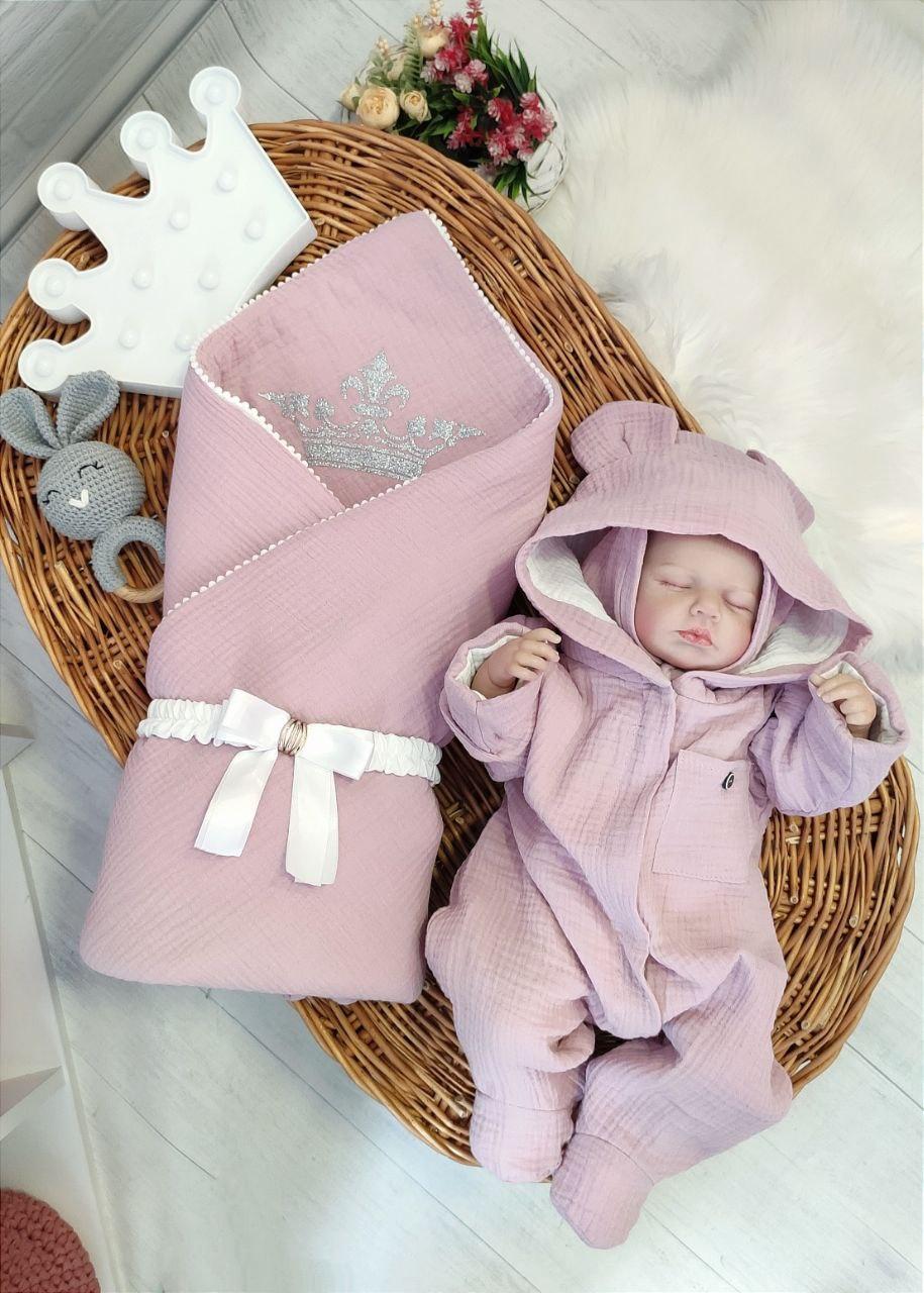 Набор на выписку для новорожденного "Муслин" (конверт, комбинезон, шапочка), летний набор на выписку - фото 1 - id-p2201246077