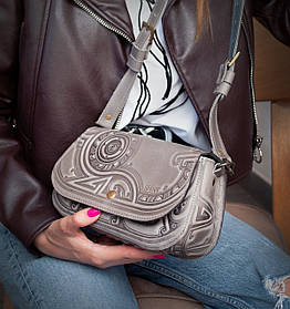 Авторська сумка з якісної натуральної шкіри. Маленька шкіряна сумка на плече сіра Плин Часу