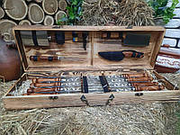 Набір з 8 шампурів для м'яса і люля-кебаб "Master" (730х15х3 мм)+комплект аксесуарів в дерев'яному кейсі