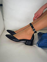 Женские черные туфли натуральная кожа с ремешком