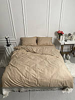 Качественный бежевый полуторный комплект постельного белья страйп сатин, однотонное постельное 100% хлопок