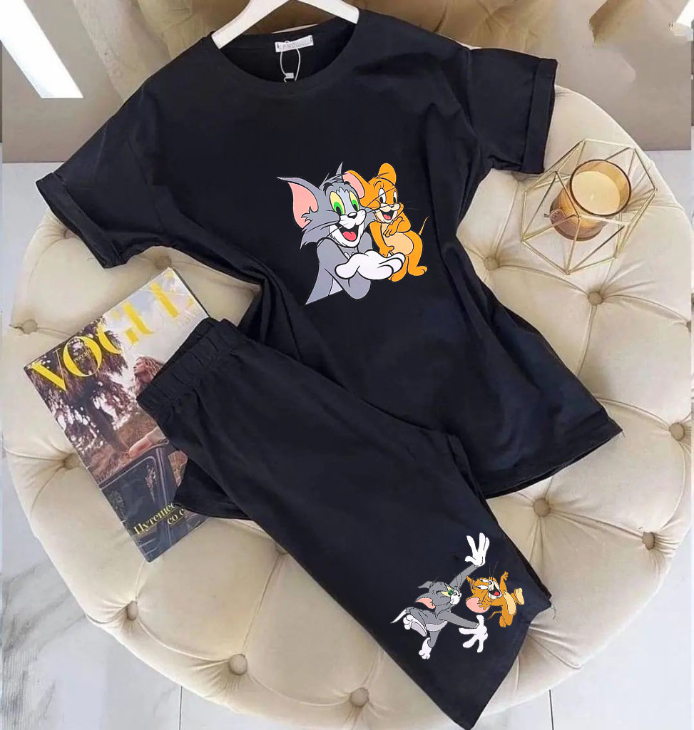 Жіночий літній костюм: футболка вільного крою та велосипедки Том і Джері, фото 1