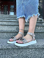 36 38 40 р, Женские удобные босоножки сандалии бежевые на белой подошве платформе, натуральная кожа
