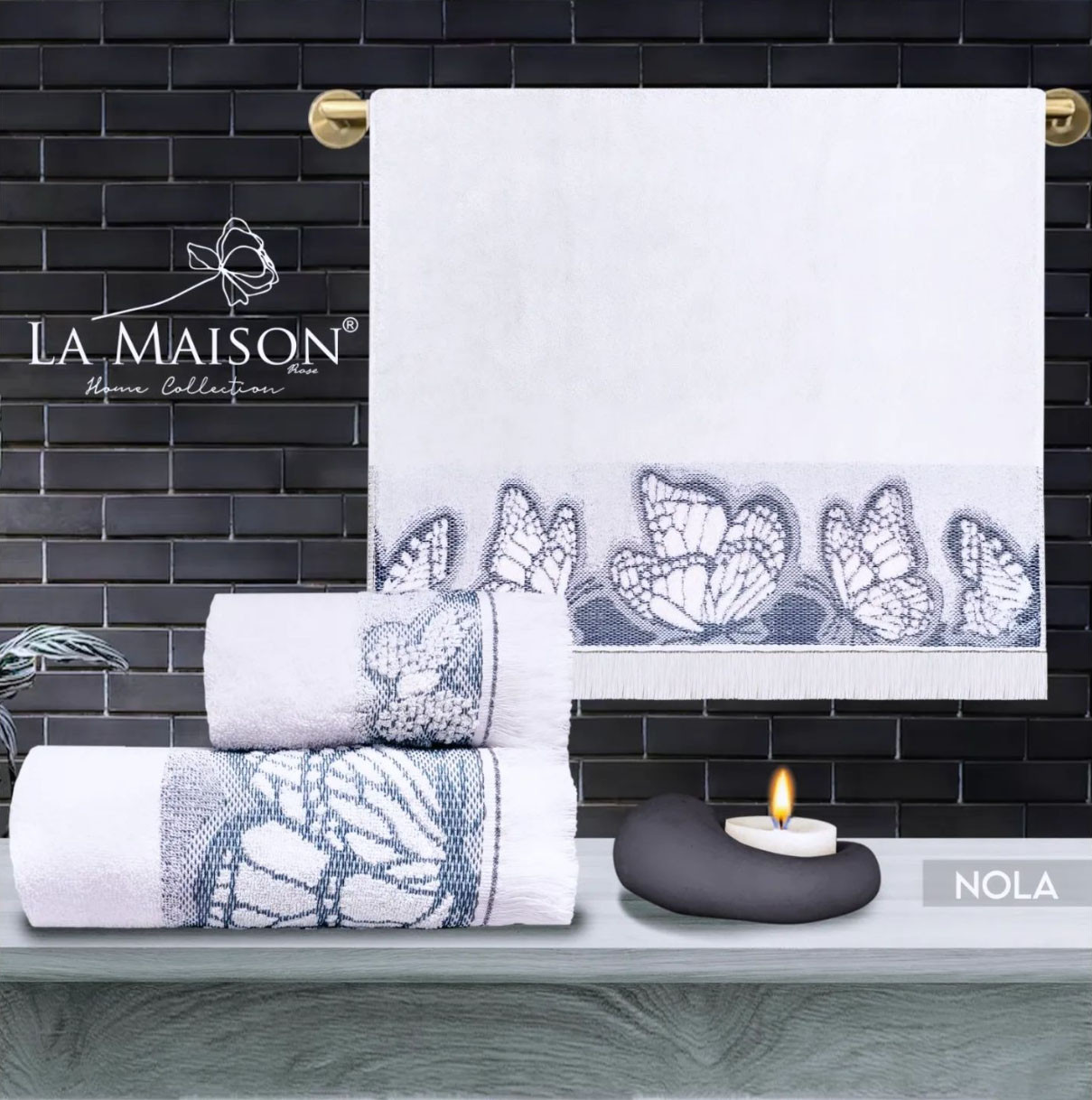Подарунковий набір рушників з бахромою La Maison з аромасвічкою Nola Ekru
