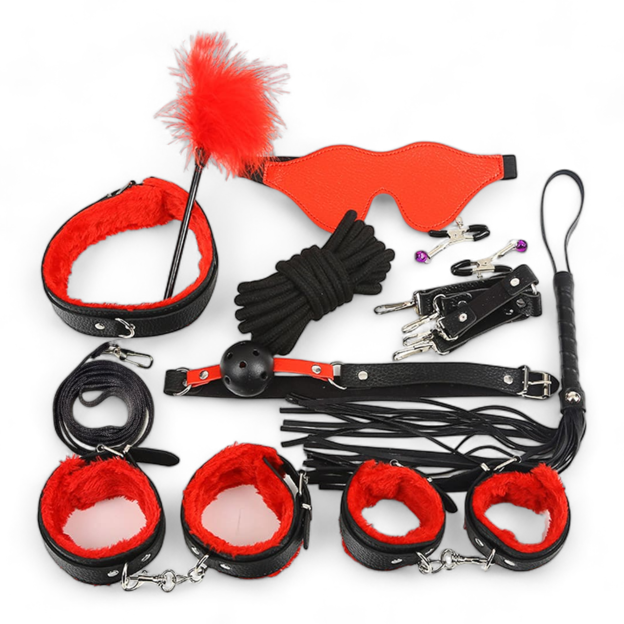 БДСМ набір 10 різних садо-мазо аксесуарів для рольових BDSM ігор та бондажу чорно-червоного кольору