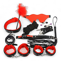 БДСМ набір 10 різних садо-мазо аксесуарів для рольових BDSM ігор та бондажу чорно червоного кольору