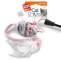 Игрушка для котов Дразнилка на стеке с мышкой со звуковым эффектом GiGwi Teaser, перо, пластик, текстиль, 51см