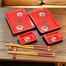 Набір для суші на 2 особи Квіти Сакури на червоному тлі 8 предметів у подарунковій упаковці