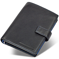Чорний чоловічий гаманець з фіксацією з натуральної шкіри із синім обрамленнямMarco Coverna MC-1005 A 1221