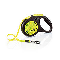 Flexi New Neon M - поводок-рулетка светоотражающая для собак до 25 кг, лента, 5 м желтая