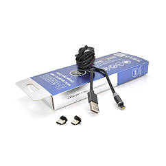 Магнітний кабель PiPo USB 2.0/Micro/Lighting/Type-C, 2 m, 2 А, тканинне обплетення, бронований, знімач, Black,