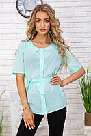 Летняя блузка шифоновая, с короткими рукавами и пояском, цвет Мятный.