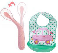 Набор Ложка силиконовая с удержанием формы изгиба для кормления ребенка Розовая + Слюнявчик П GT, код: 2460142