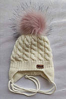 Детская шапка зимняя на завязках 0-12 месяцев и от года до трех лет, молочный хит