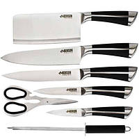 Набір ножів Benson BN-401 кухонних 9 предметів на підставці + ножиці та овочечистка Сріблястий 10832 PS