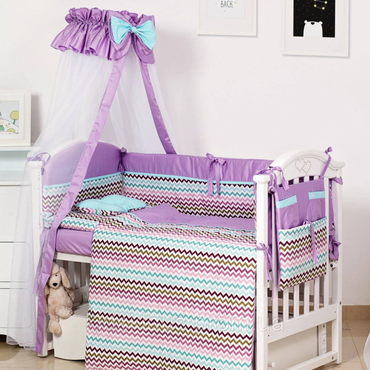 Постільний дитячий комплект в ліжечко 8 елементів Modern ІІ, Зигзаг фіолет, фіолетовий хіт