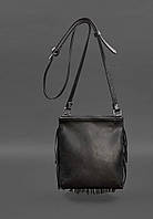 Кожаная женская сумка с бахромой мини-кроссбоди черная краст хит