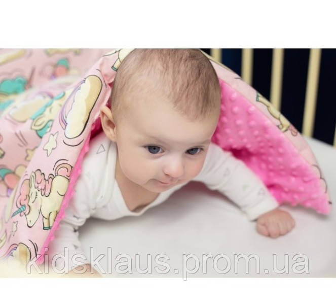 Ковдра плед дитячий плюшевий minky в ліжечко або коляску, 80х 90 см, Однороги Рожевий хіт