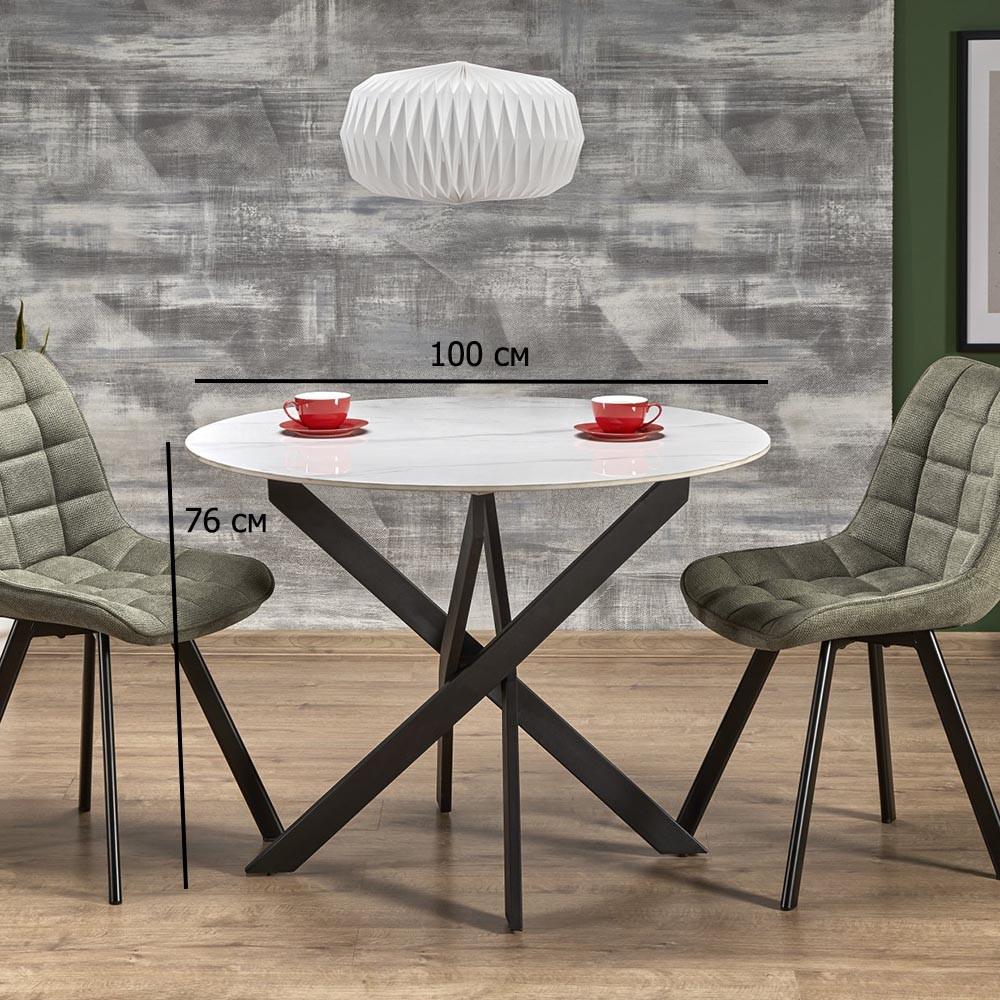 Круглий стіл з агломерату Edgar ІІ 100 см під білий мармур із чорними металевими ніжками до їдальні, фото 1