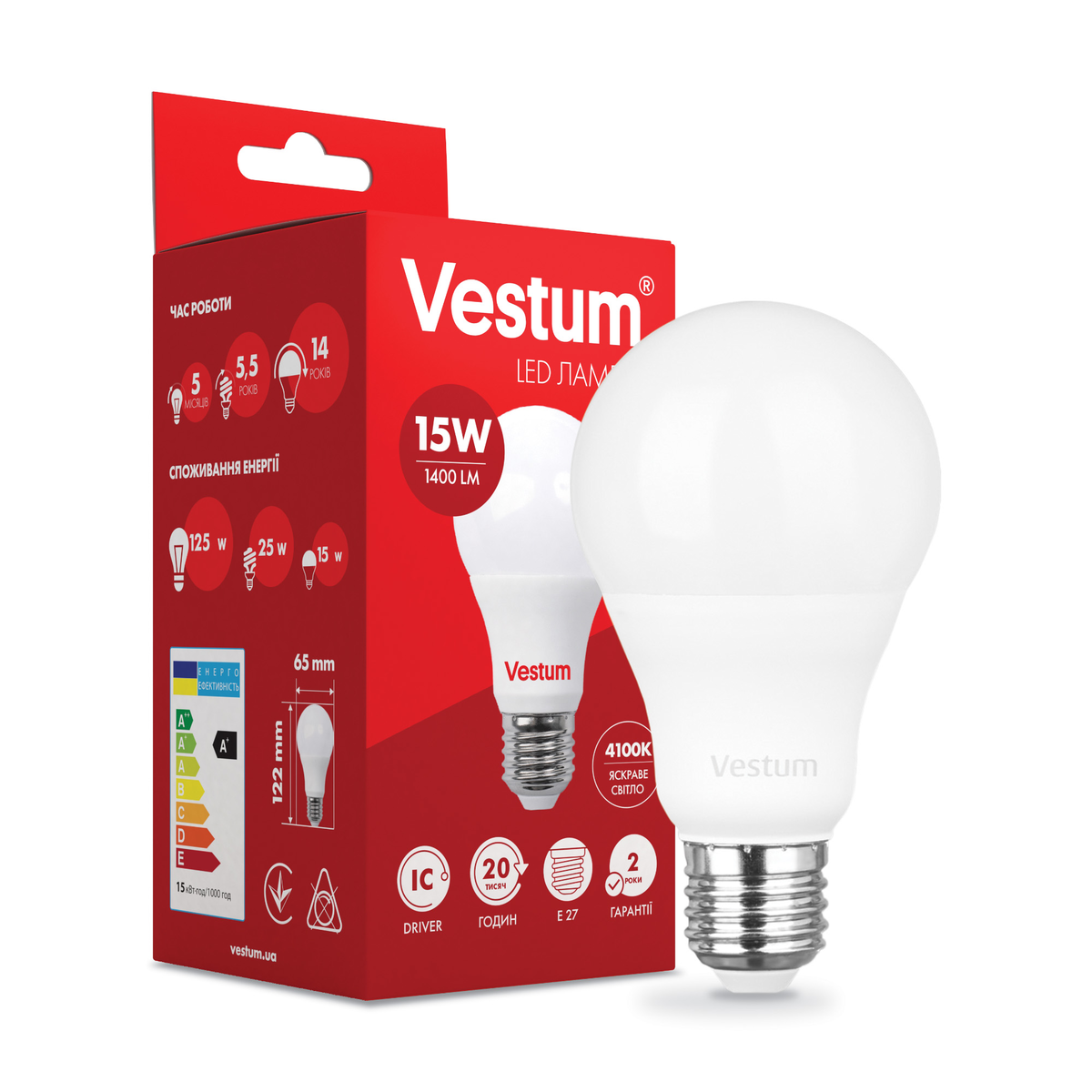 Світлодіодна лампа Vestum A65 15W 4100K 220V E27 1-VS-1101