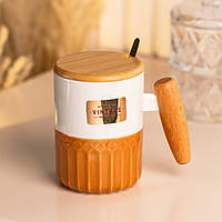 Чашка керамическая с бамбуковой крышкой и ручкой 400 мл Коричневая