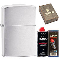 Комплект Zippo Зажигалка Zippo 200 CLASSIC brushed chrome + Подарочная упаковка + Бензин + Кремни