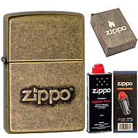 Комплект Zippo Зажигалка 28994 201FB Zippo Stamp + Бензин + Кремни + Подарочная коробка