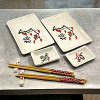 Посуда для суши, роллов на 2 персоны 8 предметов из керамики Сакура с Иероглифами 28х28,3х3,5 см