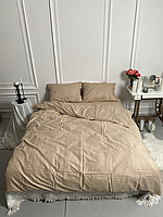 Топовый комплект бежевого полуторного постельного белья страйп-сатин Турция, однотонное постельное белье