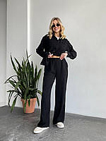 Стильный летний женский свободный костюм-двойка ткань жатки рубашка с длинным рукавом  широкие штаны черный, 42/44