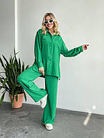 Стильный летний женский свободный костюм-двойка ткань жатки рубашка с длинным рукавом  широкие штаны зеленый, 42/44